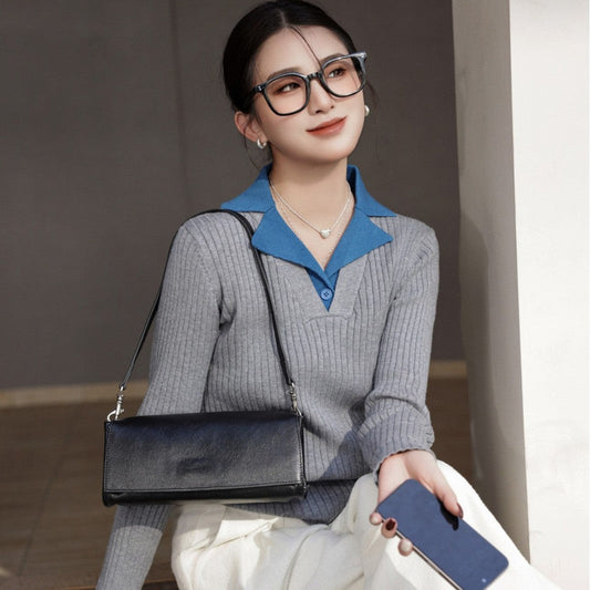 Genuine leather women’s baguette shoulder bag with niche design and crossbody strap