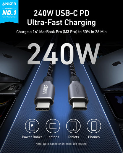 Anker Prime 3ft USB-C to USB-C cable with upcycled braided design, 240W power capacity, shown coiled with connectors visible.
