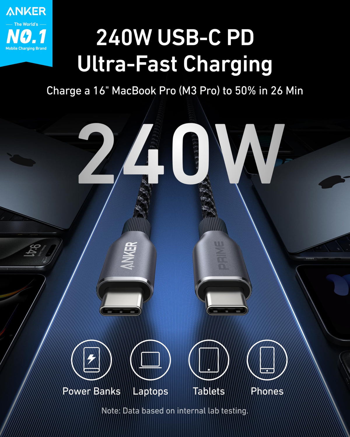 Anker Prime 3ft USB-C to USB-C braided cable for fast charging and data transfer, with upcycled durable design.