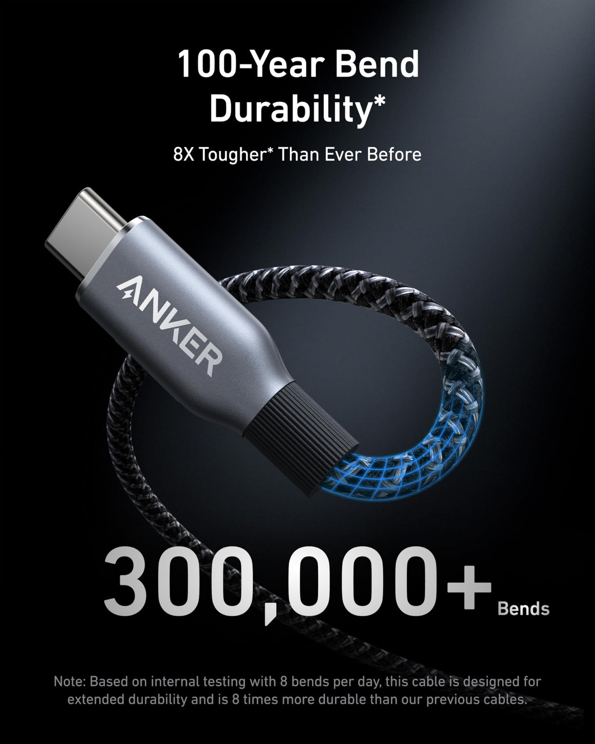 Anker Prime 3ft USB-C to USB-C cable with upcycled braided design, suitable for fast charging and data transfer.