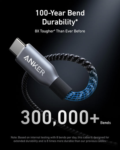 Anker Prime 3ft USB-C to USB-C cable with upcycled braided design, suitable for fast charging and data transfer.