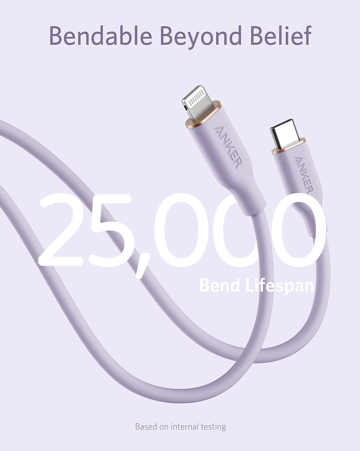 Anker 641 USB-C to Lightning silicone charging cable, 3ft length, light purple color, designed for Apple devices.