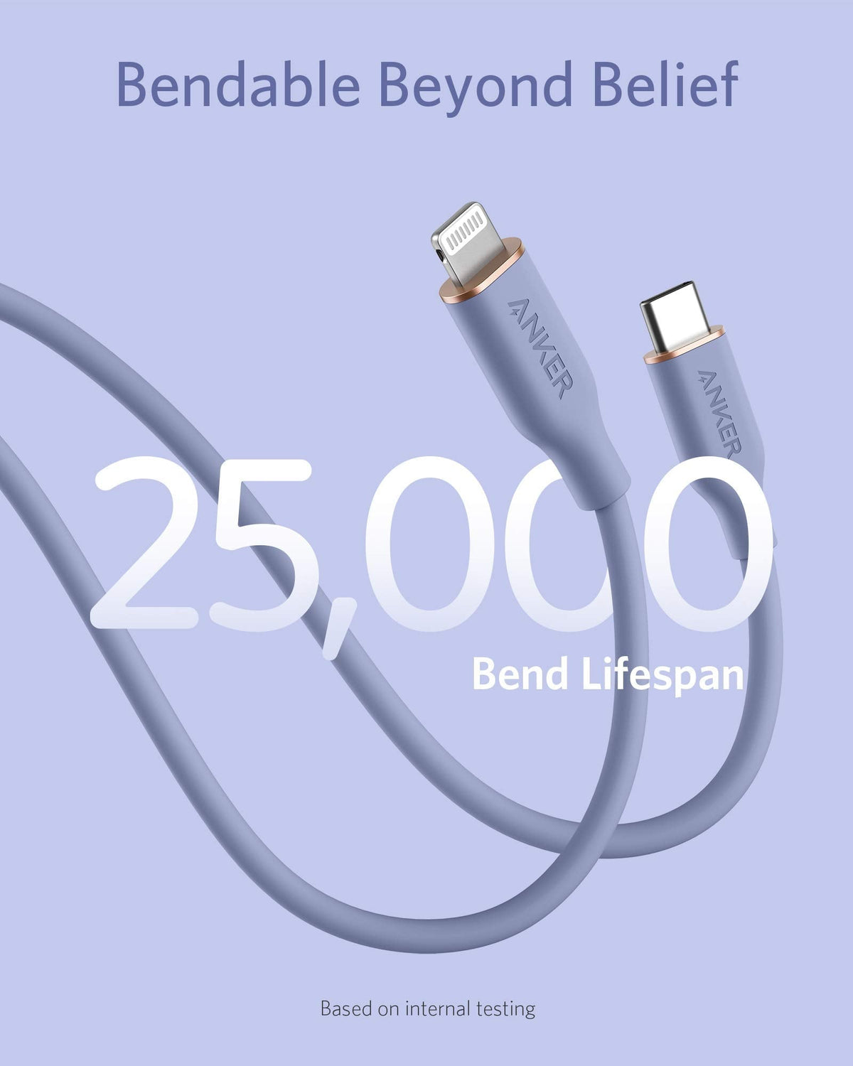 Anker 641 USB-C to Lightning silicone charging cable, 3ft purple color, for Apple devices, featuring durable and flexible design.
