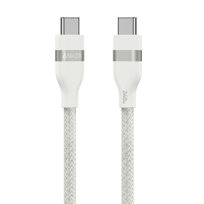 Anker USB-C to USB-C cable in white, 3 ft length, upcycled braided design, supports 240W charging.