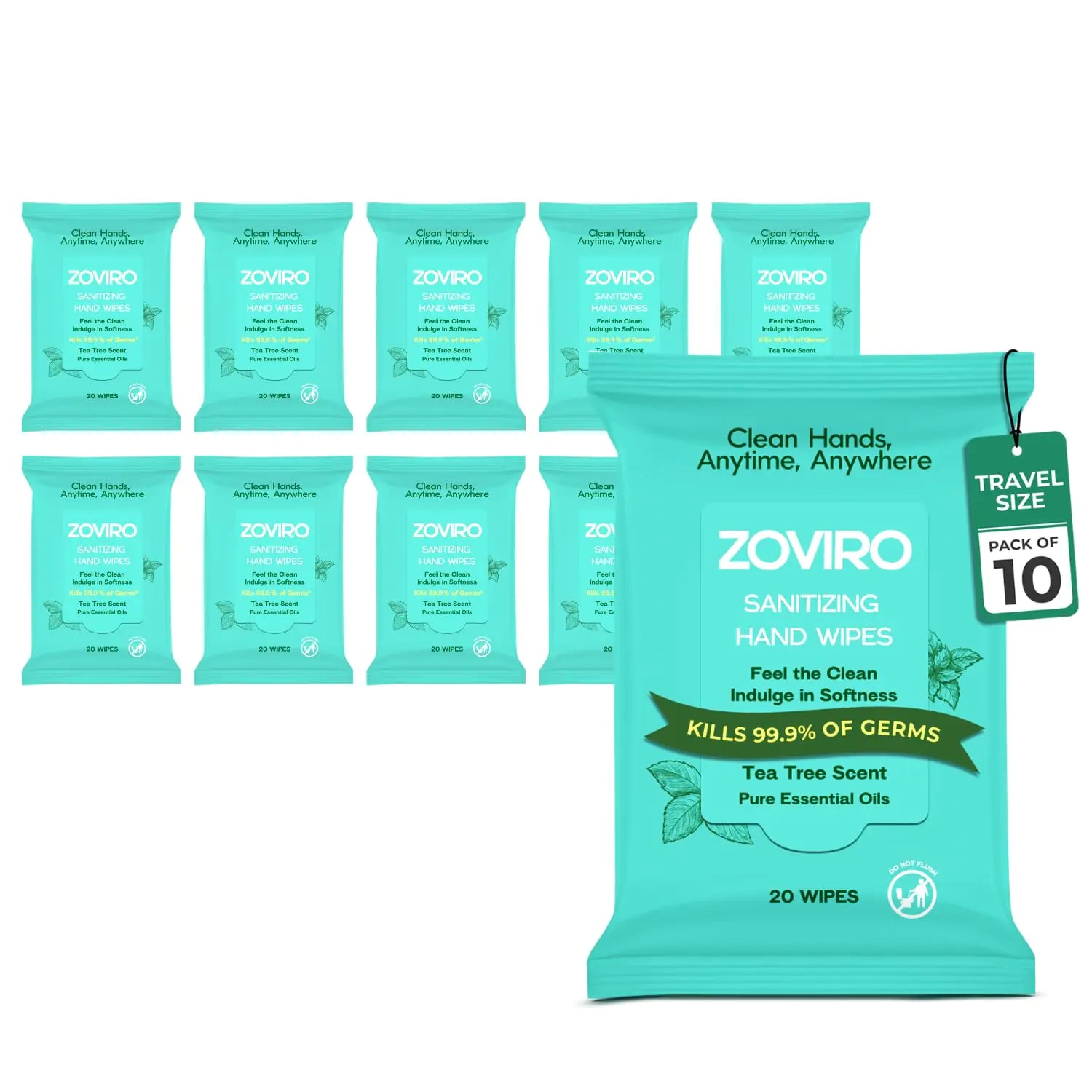 Zoviro Hand Sanitizer Wipes Tea Tree Essential Oil Hand Wipes Travel Size Moisturizing Sanitizing Wipes Tea Tree Scent 20 Count (Pack of 10)