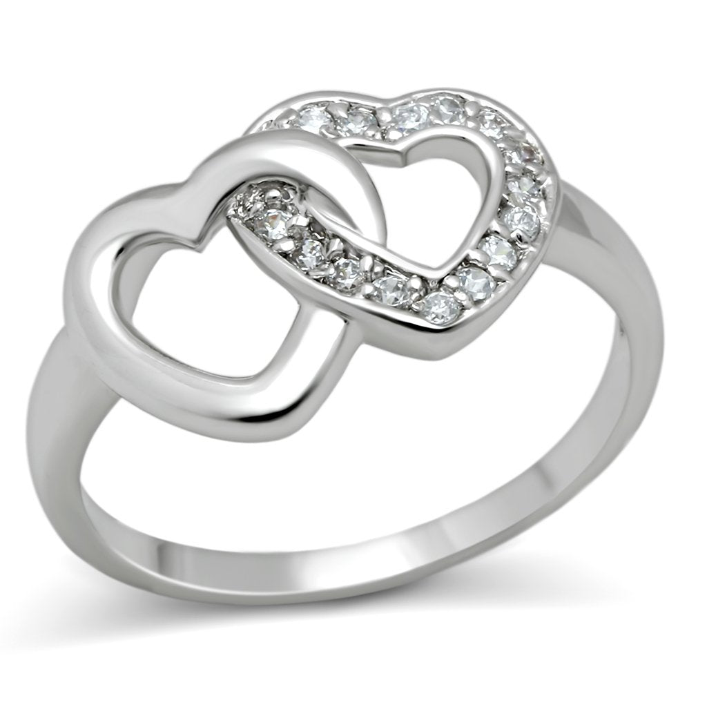 Alamode rhodium brass ring with AAA grade clear cubic zirconia, showcasing a shiny silver band and sparkling gemstone centerpiece.