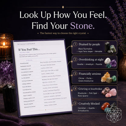 Ebook cover of The Conscious Crystal Handbook by Conscious Items featuring colorful crystal illustrations and a clean design.