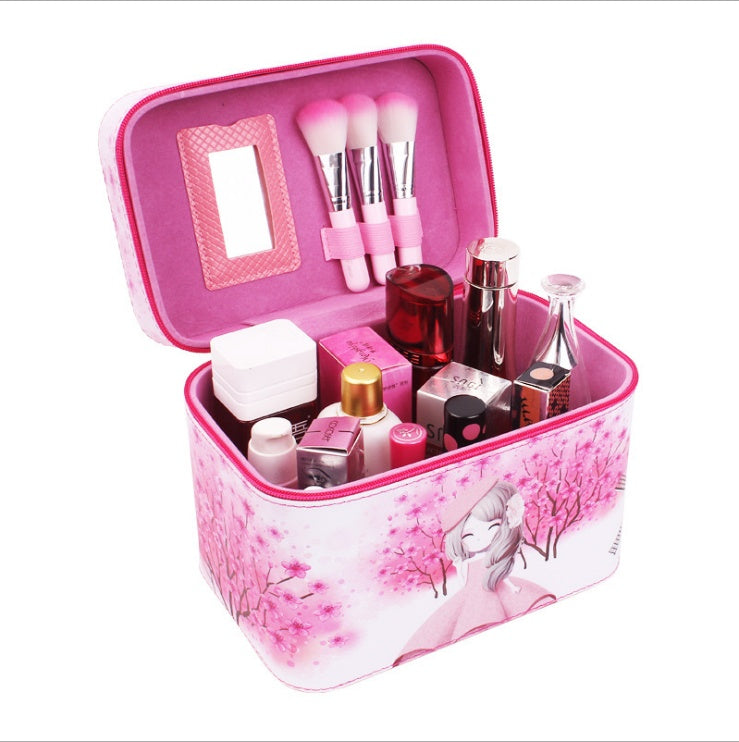 Korean waterproof handheld cosmetic bag for travel, compact makeup toolbox shown from the front
