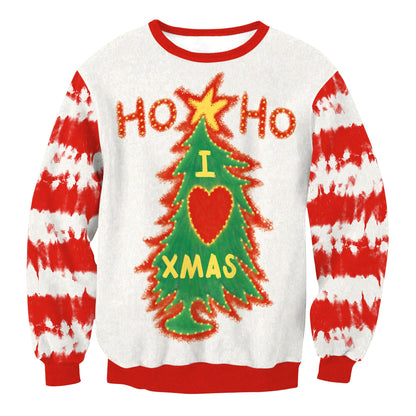 Men's Christmas tree striped digital print couple sweater in festive colors