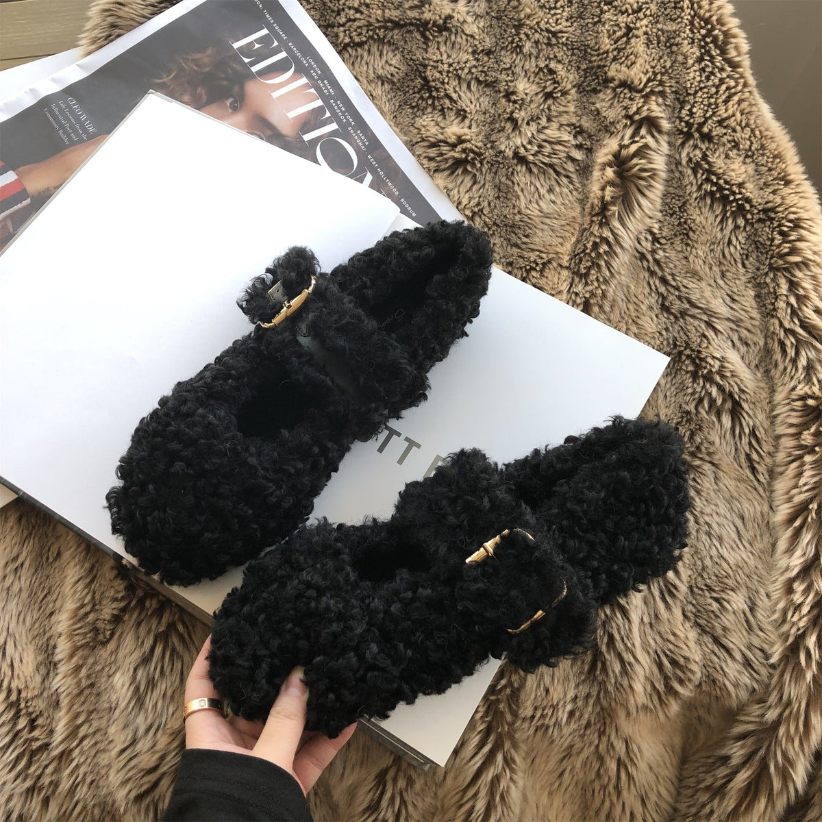 Warm furry shoes, plush-lined winter footwear with a cozy insulated design