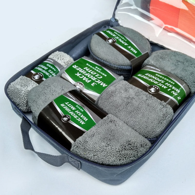 9-piece car wash cleaning kit with assorted detailing brushes, sponges, microfiber cloths, and car care tools