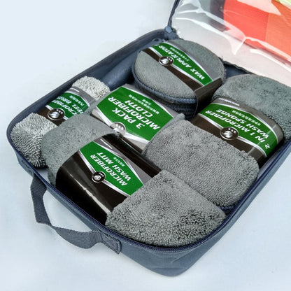9-piece car wash cleaning kit with assorted detailing brushes, sponges, microfiber cloths, and car care tools