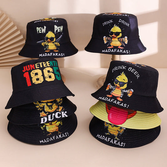 Dual-sided yellow duck-style fisherman hat with printed letters for men and women, casual party accessory