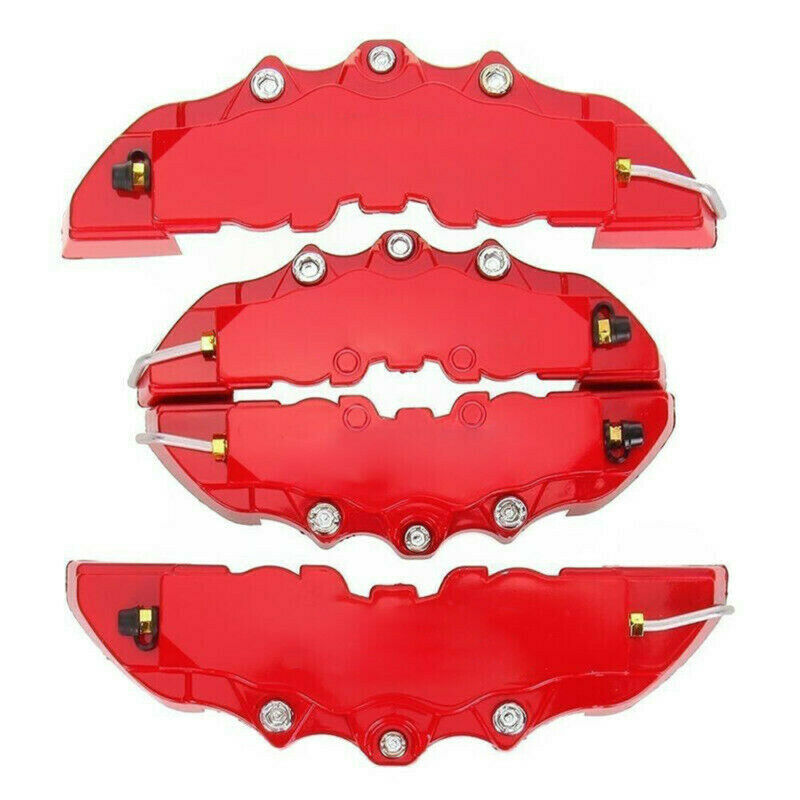 Four-piece modified car brake caliper cover set installed on vehicle wheels