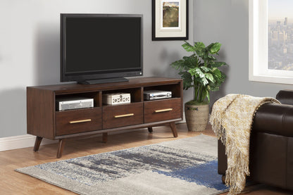 Brown mahogany 64-inch solid wood TV stand with open shelving, ideal for entertainment centers and modern living rooms.