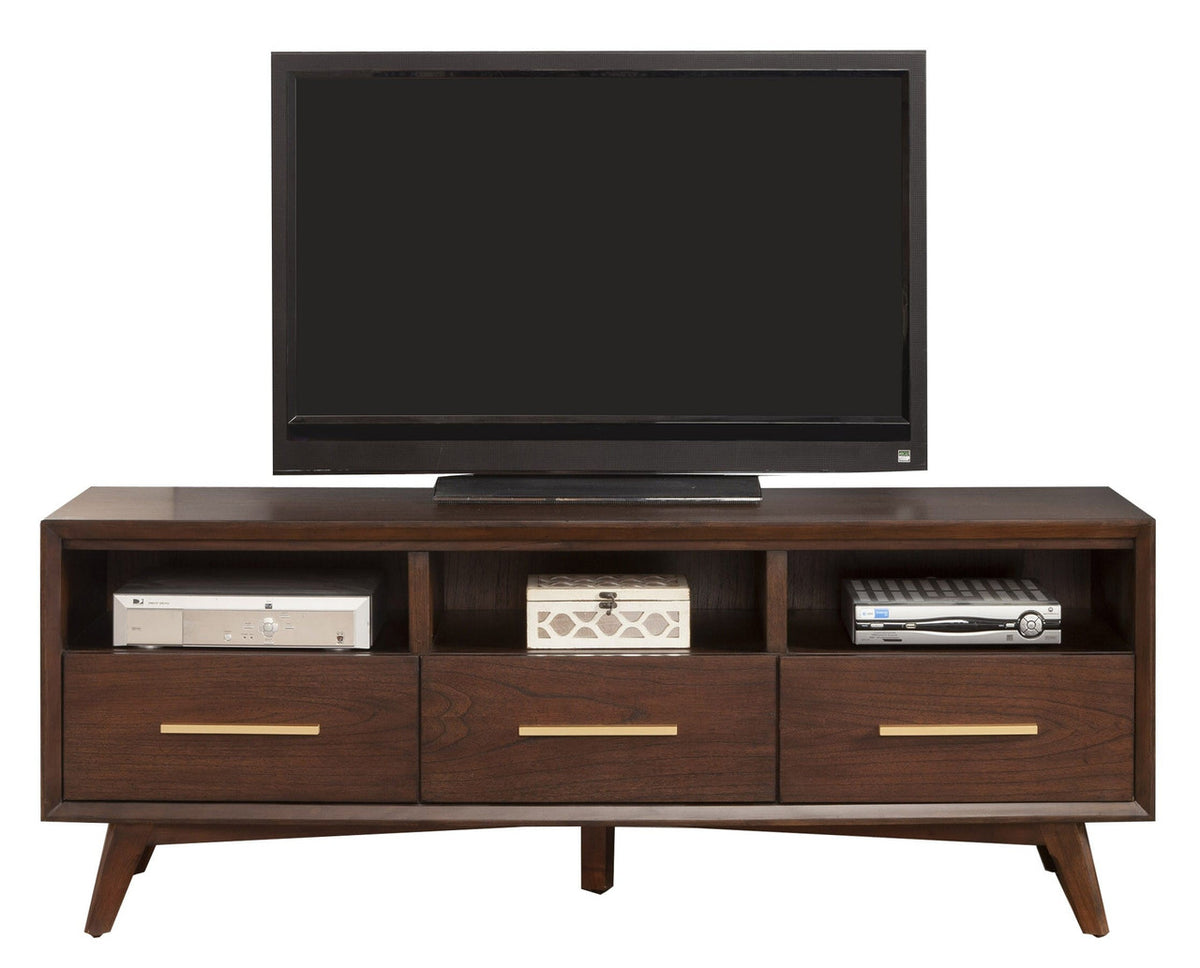 Brown mahogany solid wood TV stand with open shelving, 64 inches, from BACKUPMYFILESNOW® for entertainment and media storage.