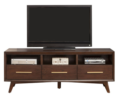 Brown mahogany solid wood TV stand with open shelving, 64 inches, from BACKUPMYFILESNOW® for entertainment and media storage.