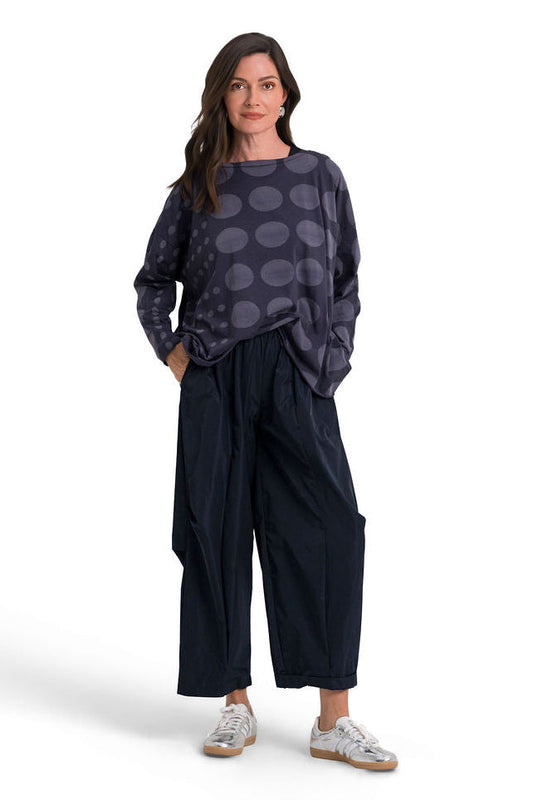Midnight Pima Cotton Circles luxury boxy T-shirt by PLANET by Lauren G, featuring a modern circle pattern and relaxed fit.