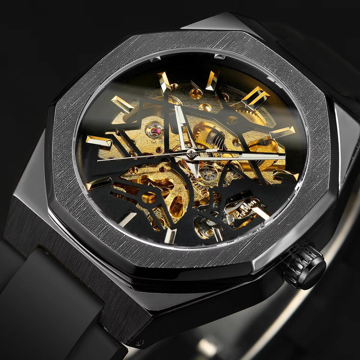 Silver hollow skeleton automatic mechanical watch with rubber-band strap