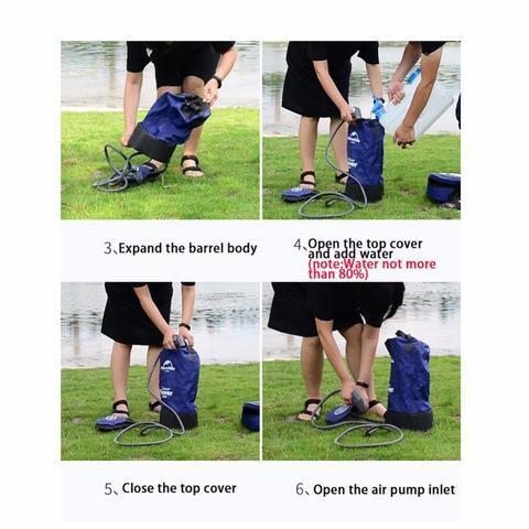 Outdoor camping shower bag, folding portable shower in black with water hose and showerhead