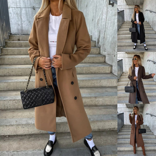 Women's double-breasted lapel split winter jacket with belt and long sleeves