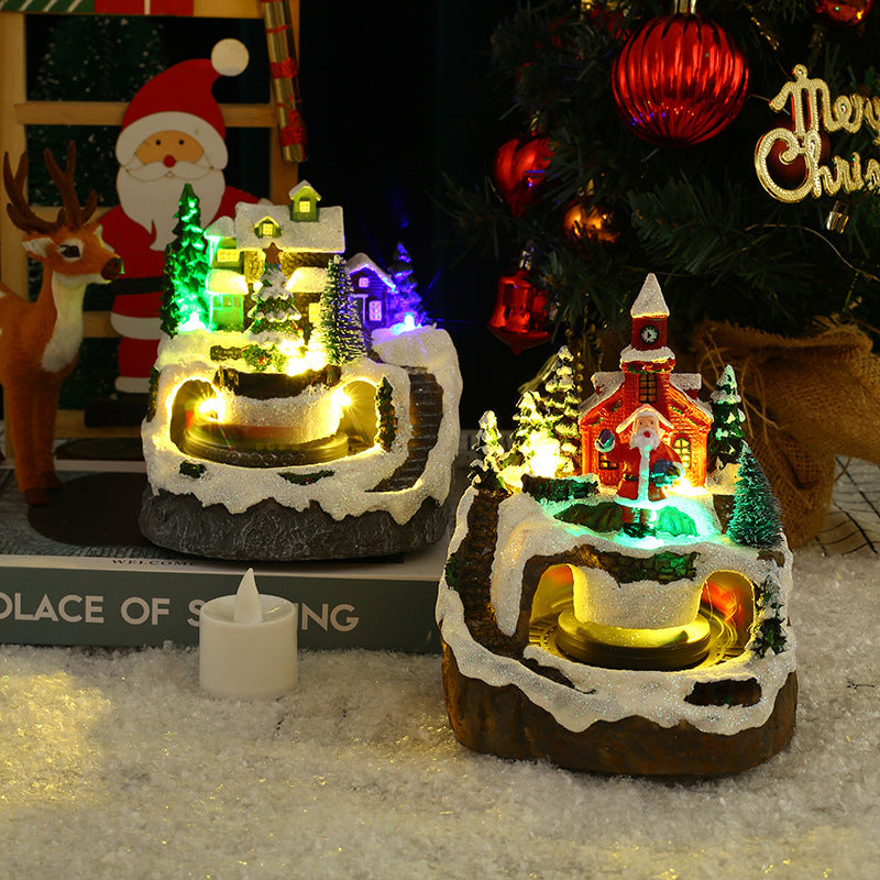 Christmas rotating train resin decoration with concert scene and festive details
