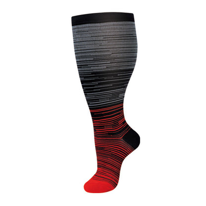 Plus-size nylon compression socks for men and women, shown in a knee-high nurse sock design