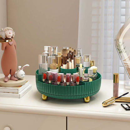 Plastic cosmetics rotating storage box in clear design with multiple compartments for makeup and beauty products