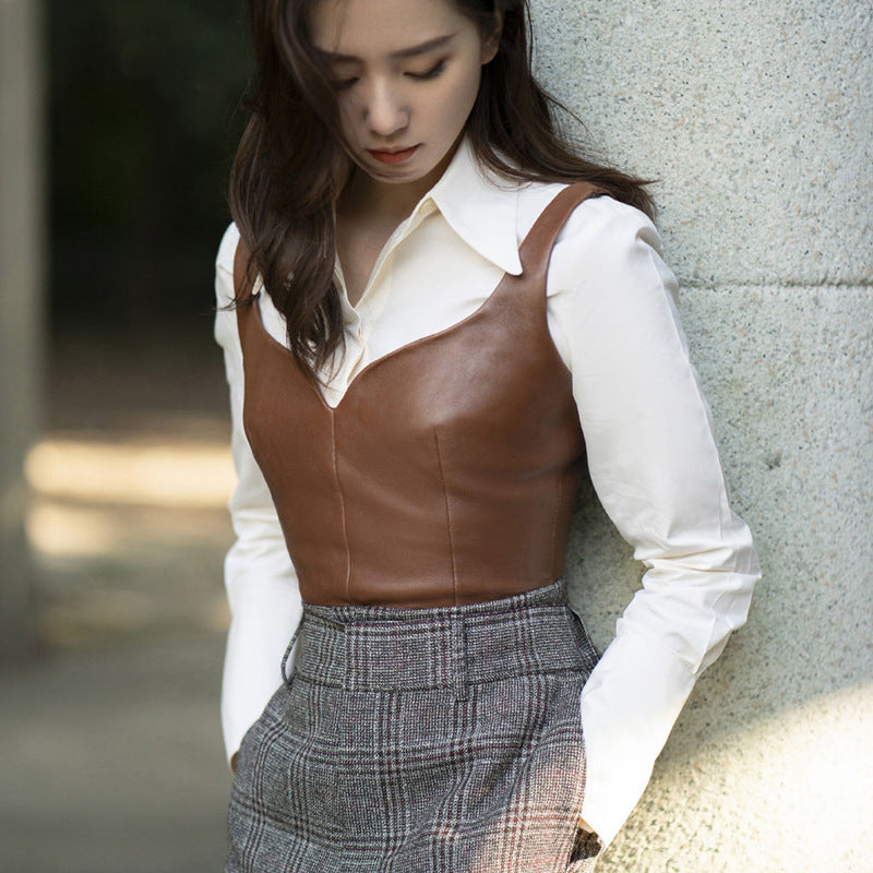 Genuine leather small sling vest coat by My Store, front view