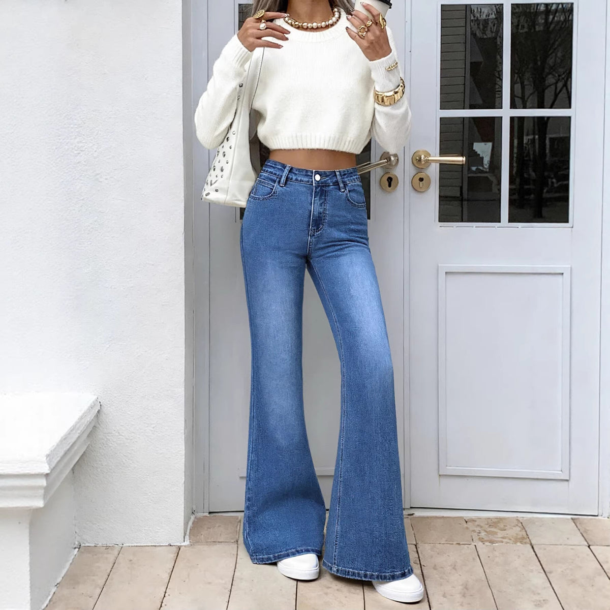 Casual high-street slim straight bootcut pants, front view