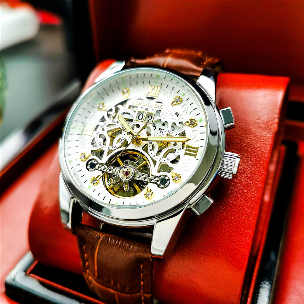 Men's large-rotor skeleton automatic mechanical watch with visible movement and transparent dialաբեր