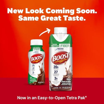 Boost High Protein with Fiber Chocolate Nutritional Shake, 24-pack, creamy chocolate flavor in a convenient bottle.