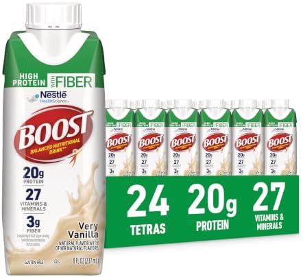 Boost High Protein with Fiber Vanilla Nutritional Shake, 24-pack, featuring creamy vanilla flavor and balanced nutrition.
