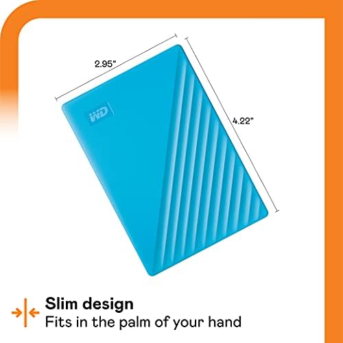 Western Digital 2TB My Passport portable external hard drive in blue with backup software, ransomware protection, and USB 3.1 compatibility
