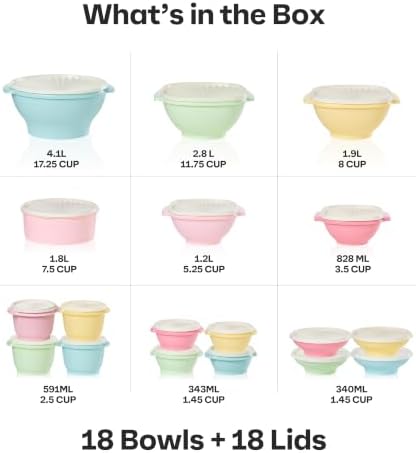 Tupperware Heritage 36-piece vintage pastel food storage containers set with 18 containers and 18 lids, in soft pastel colors.