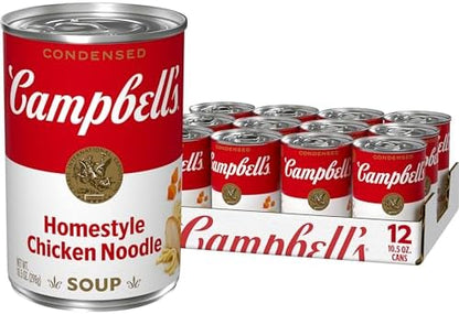 Campbell's Homestyle Chicken Noodle Soup in 10.5 oz cans, pack of 12, with condensed chicken noodle soup and varied packaging