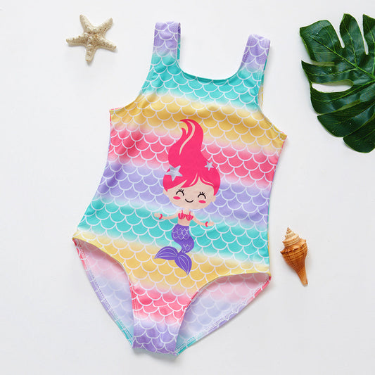 Cute mermaid girls one-piece swimsuit with colorful scales and tail-inspired design