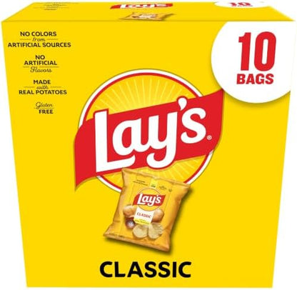 Lay's Classic potato chips in a 10-count package, featuring crispy, golden potato chips in a resealable bag.