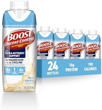 Boost Glucose Control vanilla protein drink in 8 fl oz bottle, ready-to-drink nutritional beverage with a vanilla flavor.