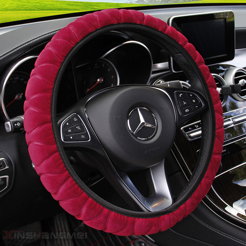 Plush car steering wheel cover in a soft, textured design