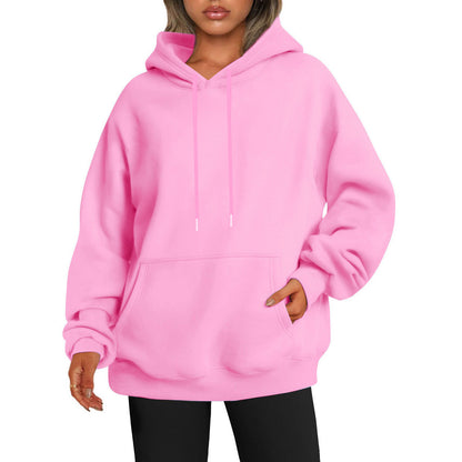 Women's solid-color loose-fit drop-shoulder hooded sweatshirt by My Store