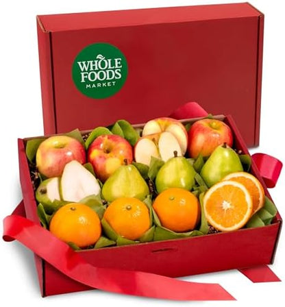 Organic fruit gift box by A Gift Inside with fresh pears, honeycrisp apples, and navel oranges in a wooden crate.