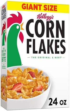 Bowl of Kellogg's Corn Flakes Original breakfast cereal in a large 24 oz size, featuring crispy golden flakes.