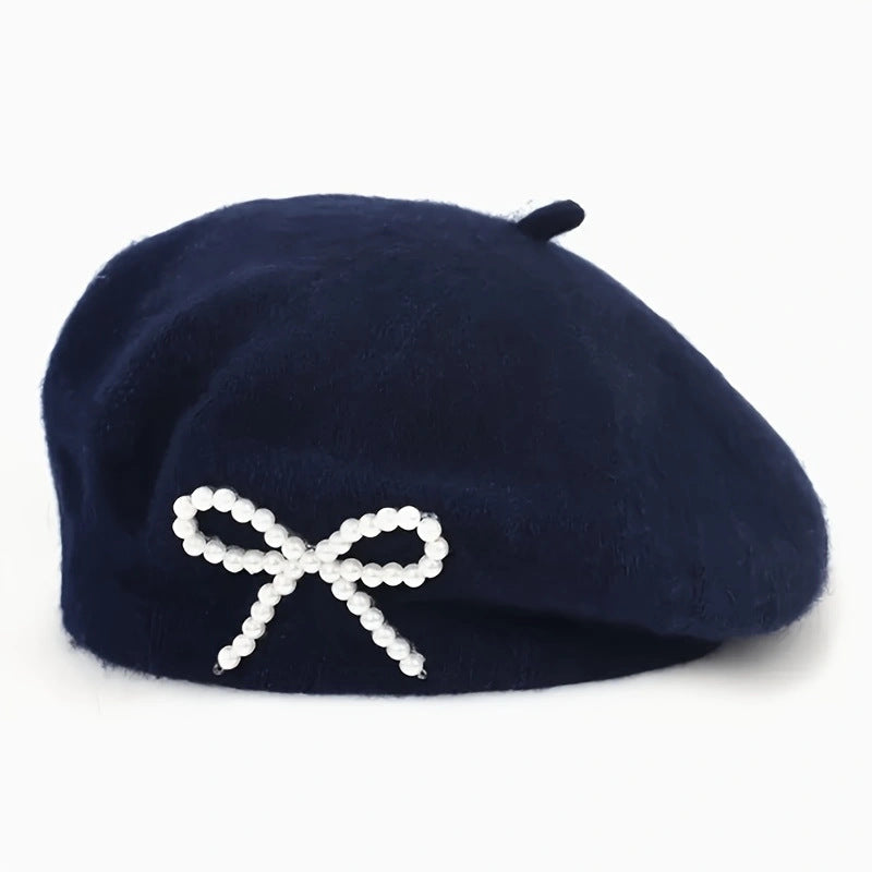 Pearl bow wool breathable beret in a classic design