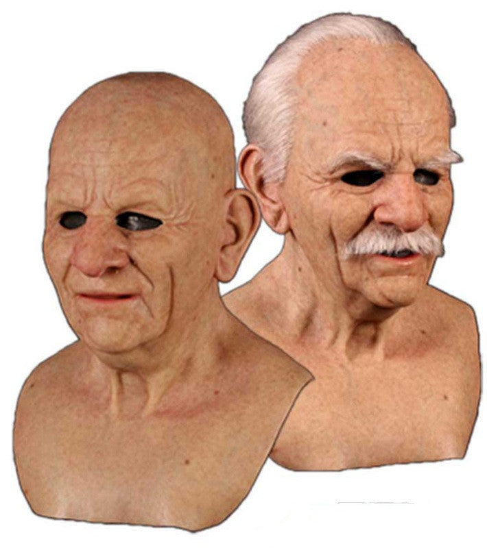 Old man Halloween mask with white hair, white beard, and headgear