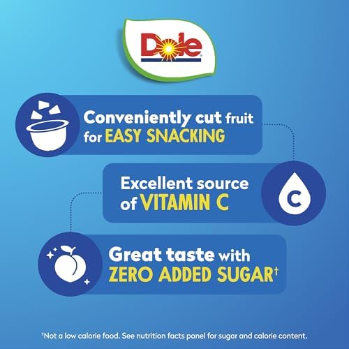 Dole Fruit Bowls diced peaches in 4oz cups, a convenient fruit snack pack with 24 cups for quick, healthy snacking.