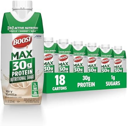 BOOST MAX Vanilla Ready to Drink Protein Shake, 11 fl oz bottle, pack of 18, creamy vanilla flavor and convenient packaging.