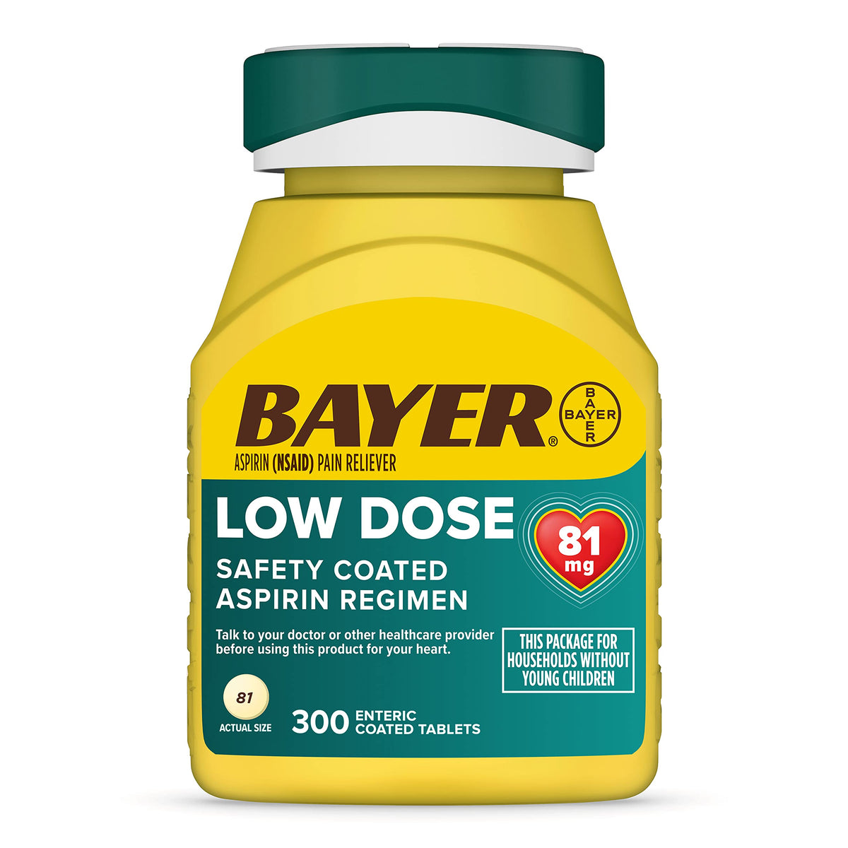 Bayer Low Dose Aspirin 81 mg heart safety tablets in a bottle, 300-count, for cardiovascular health and blood thinning.