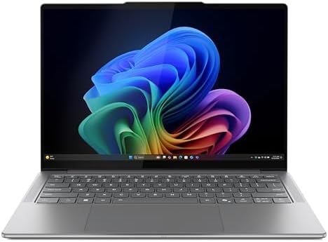 Lenovo Slim 7i Aura Edition laptop with 14-inch WUXGA OLED display, 16GB RAM, 1TB storage in Luna Grey, powered by Core Ultra 7.