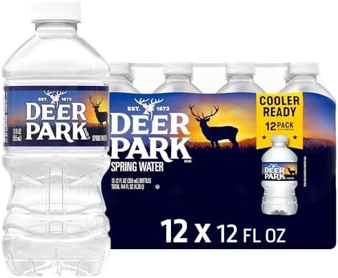 Deer Park natural spring bottled water, 12 fl oz, 12-pack, clear plastic bottles with blue caps and Deer Park label on the front.